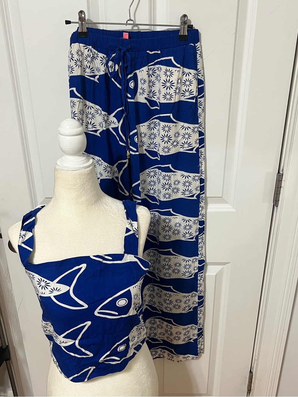 Women's Blue Printed Wide-Leg Pants & Crop Top Set